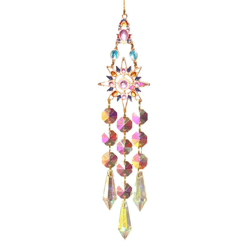 mobile décoratif attrape soleil soleil lune multicolore cristaux transparents motifs géométriques effet brillance suspens