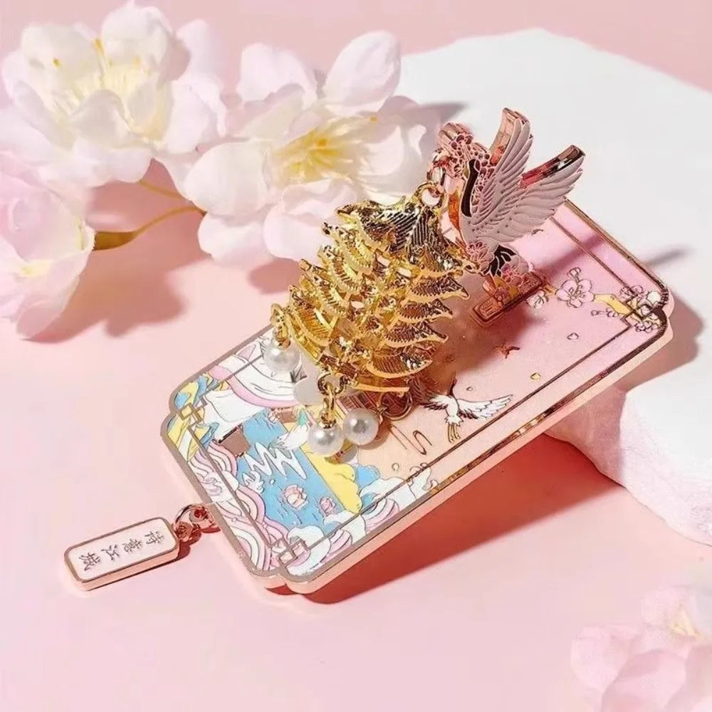 coque téléphone bleu doré rose pagode oiseaux personnages floral art chinois clips breloques