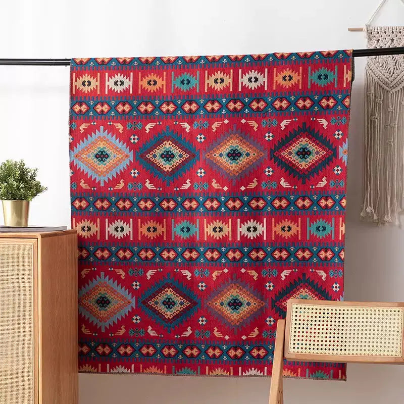 tapis ethnique motifs géométriques polyester rouge beige bleu orange vert