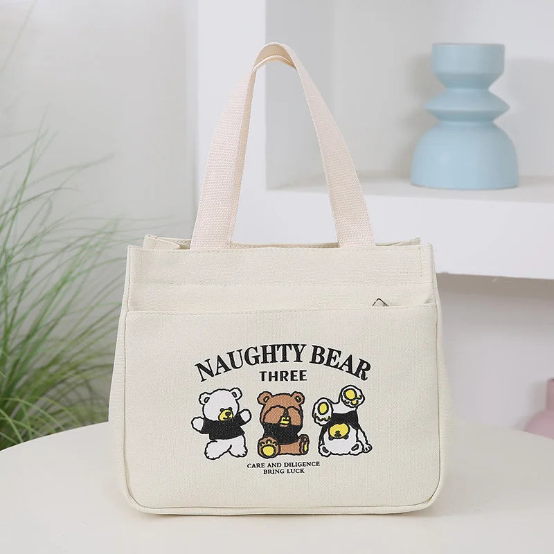 sac cabas toile imprimée ours dessin animé noir crème blanc mignon décontracté poche avant