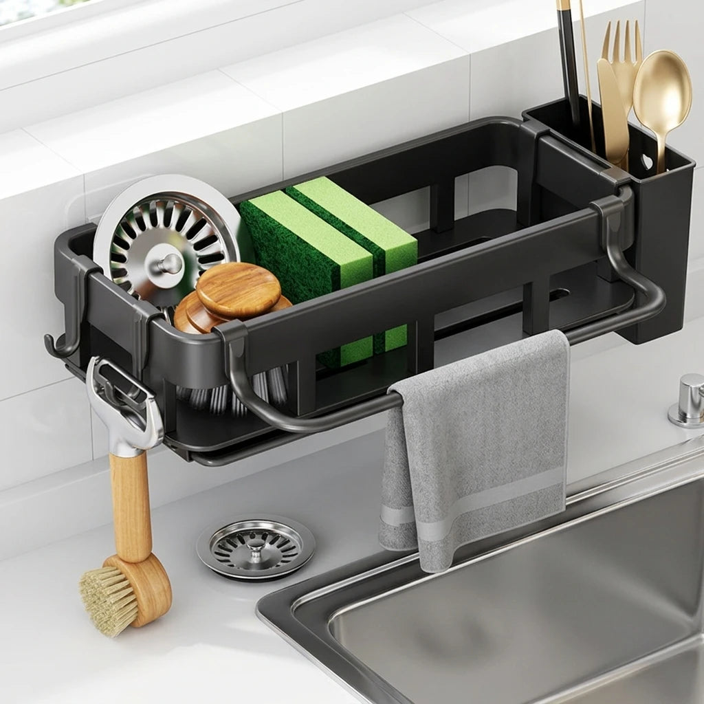 organisateur lavabo multifonctionnel acier inoxydable noir moderne adhésif outils cuisine savon cuillère fourchette couteau