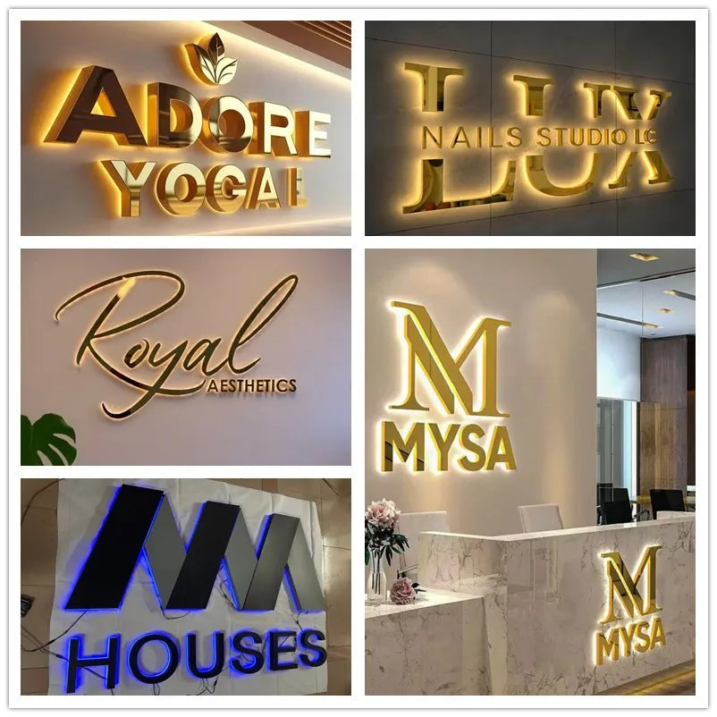lettres lumineuses 3d or bleu blanc éclairage led moderne élégant logo texte