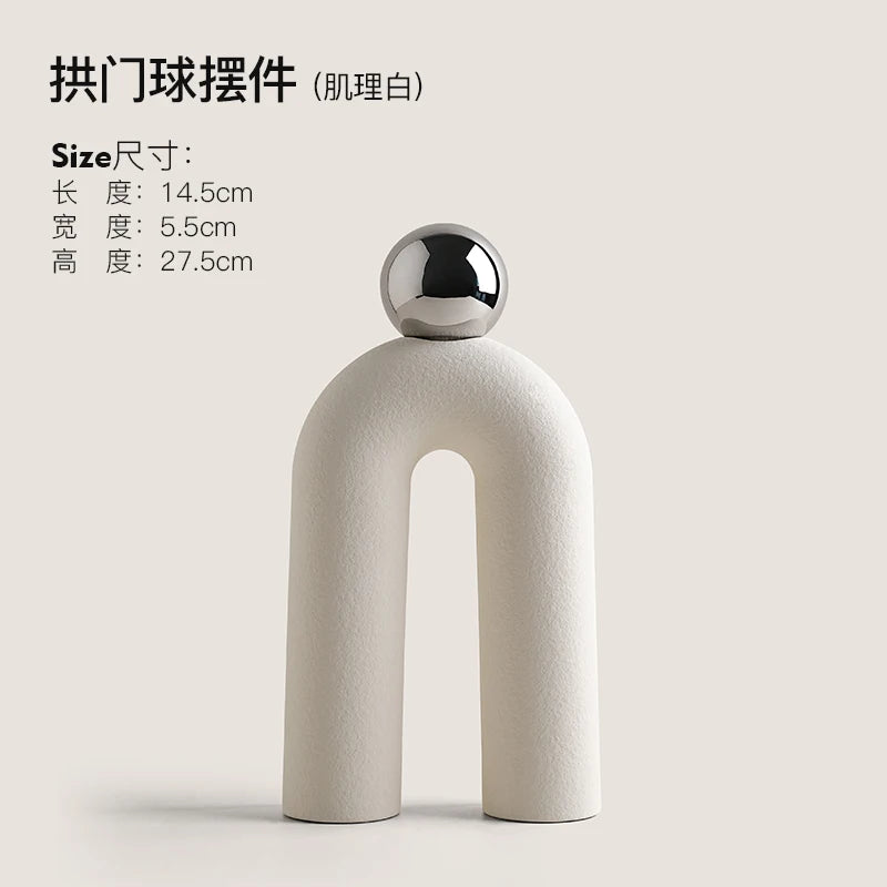 Sculpture décorative moderne blanc argenté texture granuleuse sphère posée minimaliste