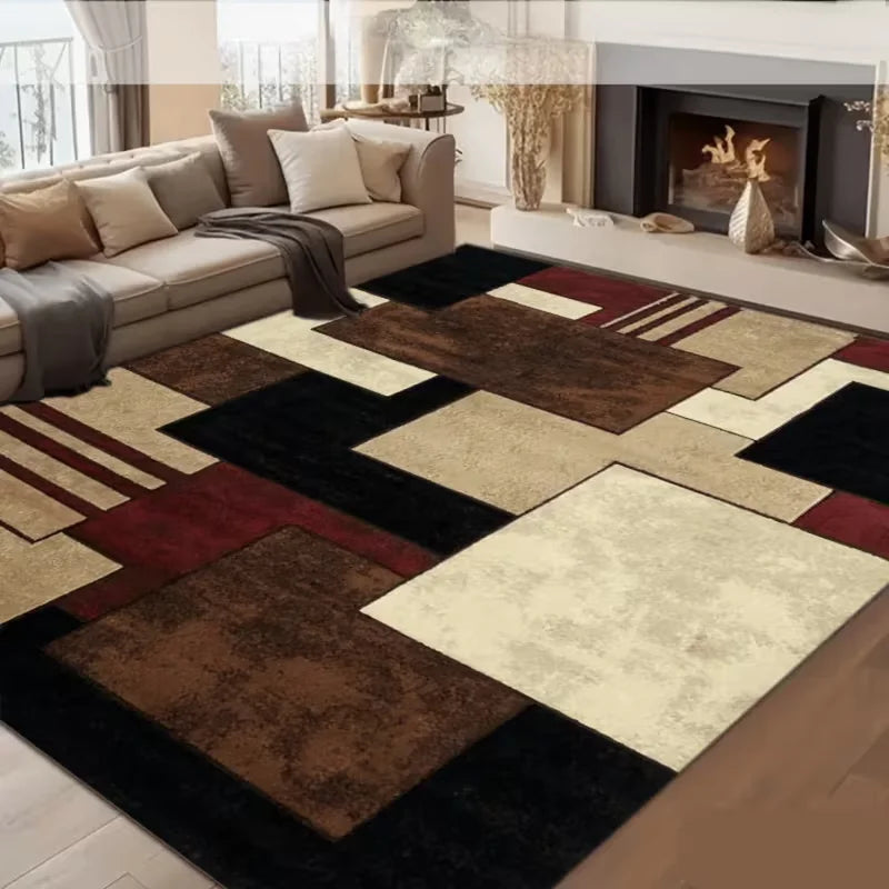 tapis marron moderne carreaux géométriques 100 polyester pile désossée 80x50cm
