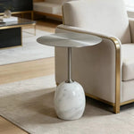 table d'appoint moderne marbre blanc veines grises pied central salon chambre