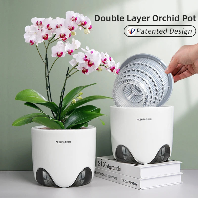 pots orchidées mesh double couche ventilation racines spirale transparent moderne blanc gris