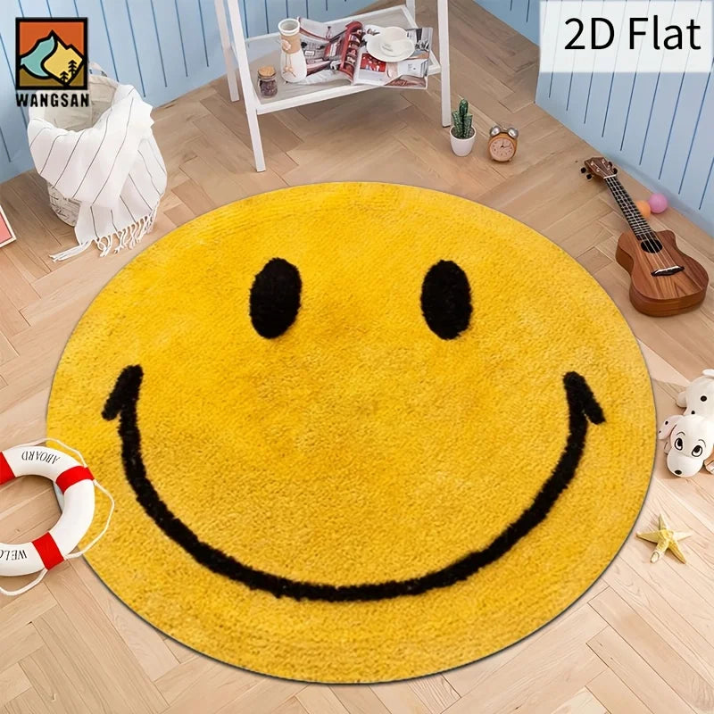 tapis rond visage souriant jaune noir décoration intérieur enfant antidérapant polyester PVC