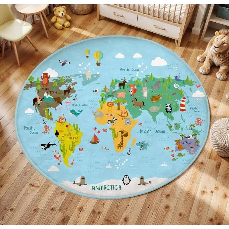 tapis rond moderne carte monde animaux motifs floraux bébé salon 80x80cm 120x120cm polyester
