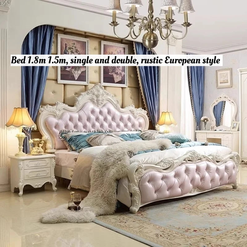 lit double rustique européen tufté blanc rose pâle ornements sculptés moderne chambre coucher