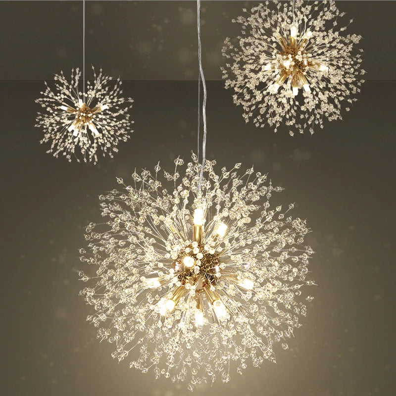 lustre suspension moderne cristal transparent doré luminaire salon restaurant élégant contemporain