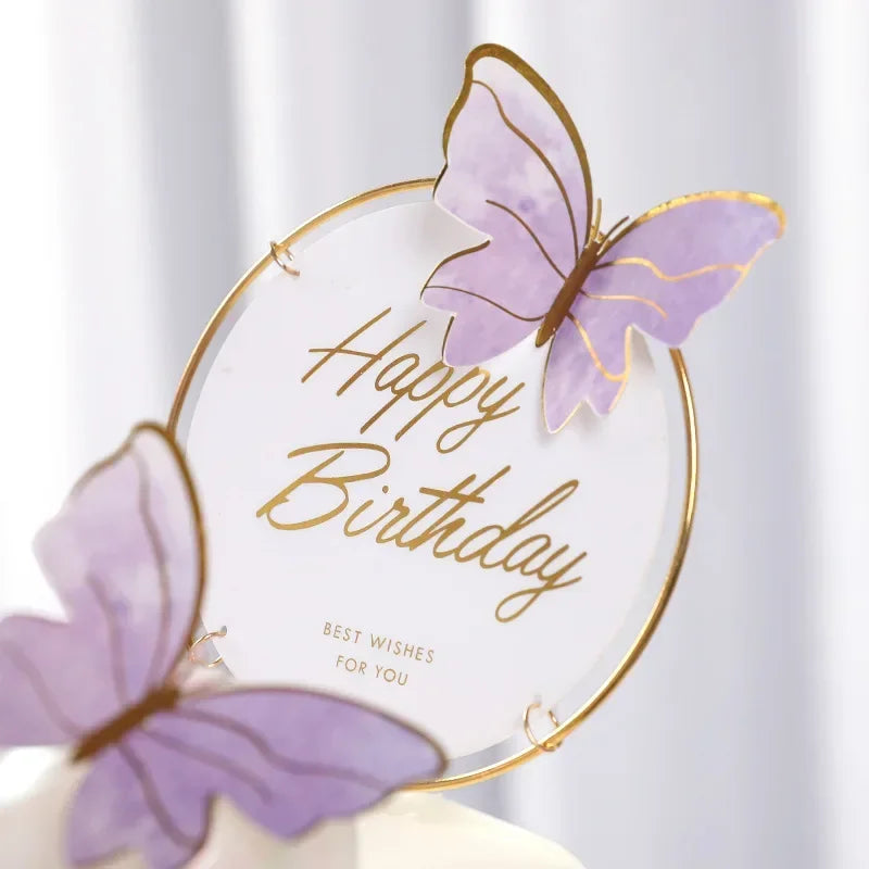 décoration gâteau anniversaire papillon rose pâle doré transparent cercle happy birthday best wishes mariage