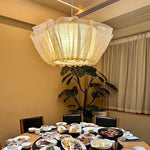 suspension lumineuse moderne tissu rayures horizontales beige clair lumières 60cm