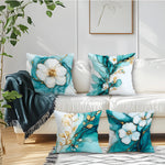 coussin moderne fleurs blanches dorées fond bleu zip invisible 40cm 45cm 50cm