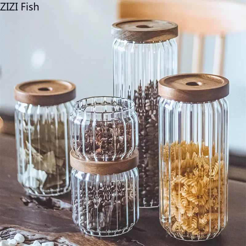 boîte hermétique verre couvercle bois rangement cuisine imperméable qualité alimentaire japonais transparent vertical moderne