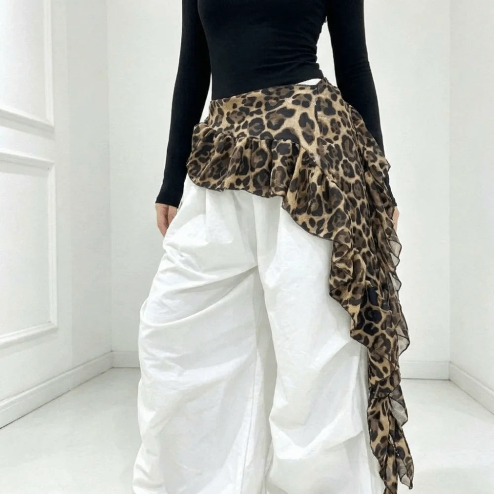 jupe asymétrique volants noir blanc léopard transparente bohème minimaliste liens nouer pantalon ample