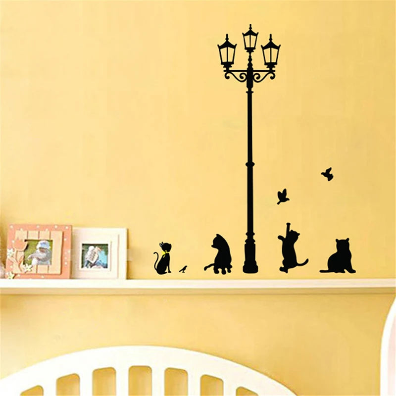sticker mural noir silhouettes chats oiseaux lampe perron adhésif artisteintérieur decoration opacite creative animated