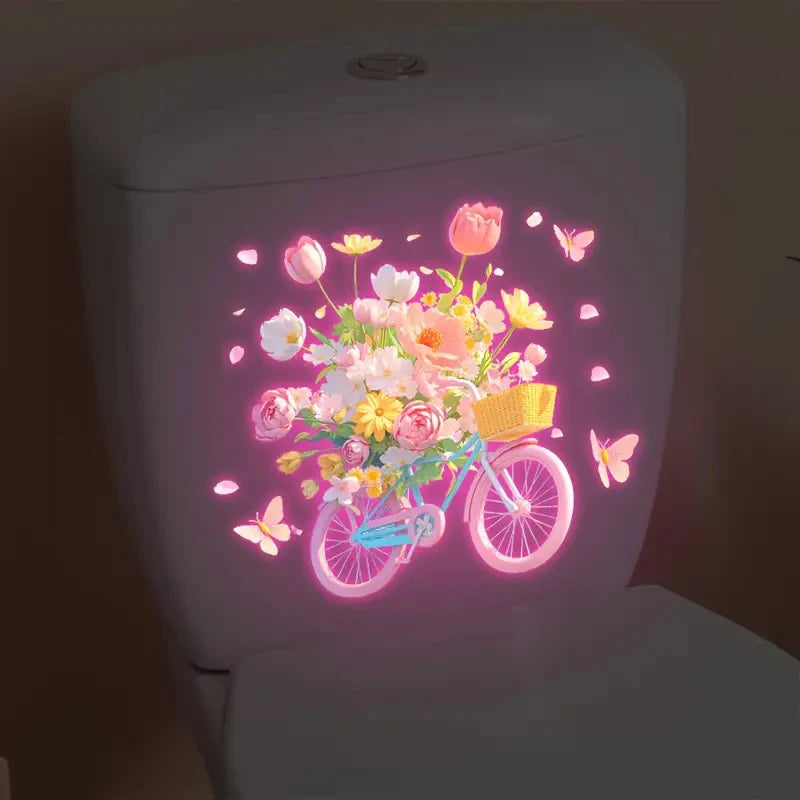stickers decoratifs toilette fleurs lotus dahlias papillons velo moderne lumineux adhesifs rose bleu blanc