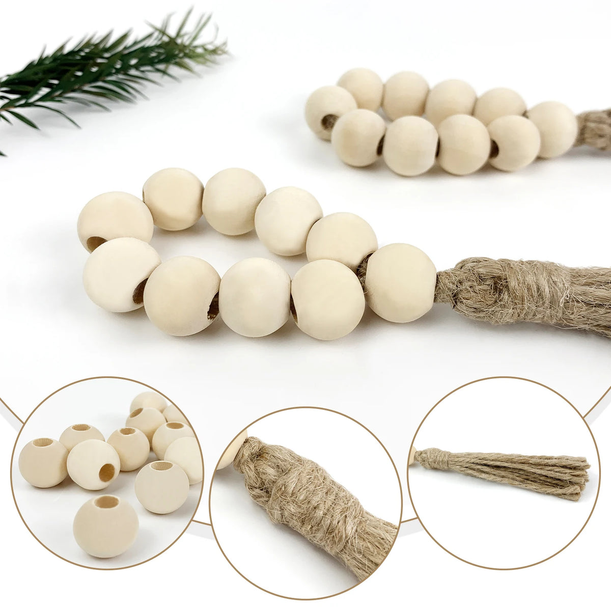 Perles de bois naturelles et corde de jute, idéales pour la décoration d'intérieur et la création de projets artisanaux.