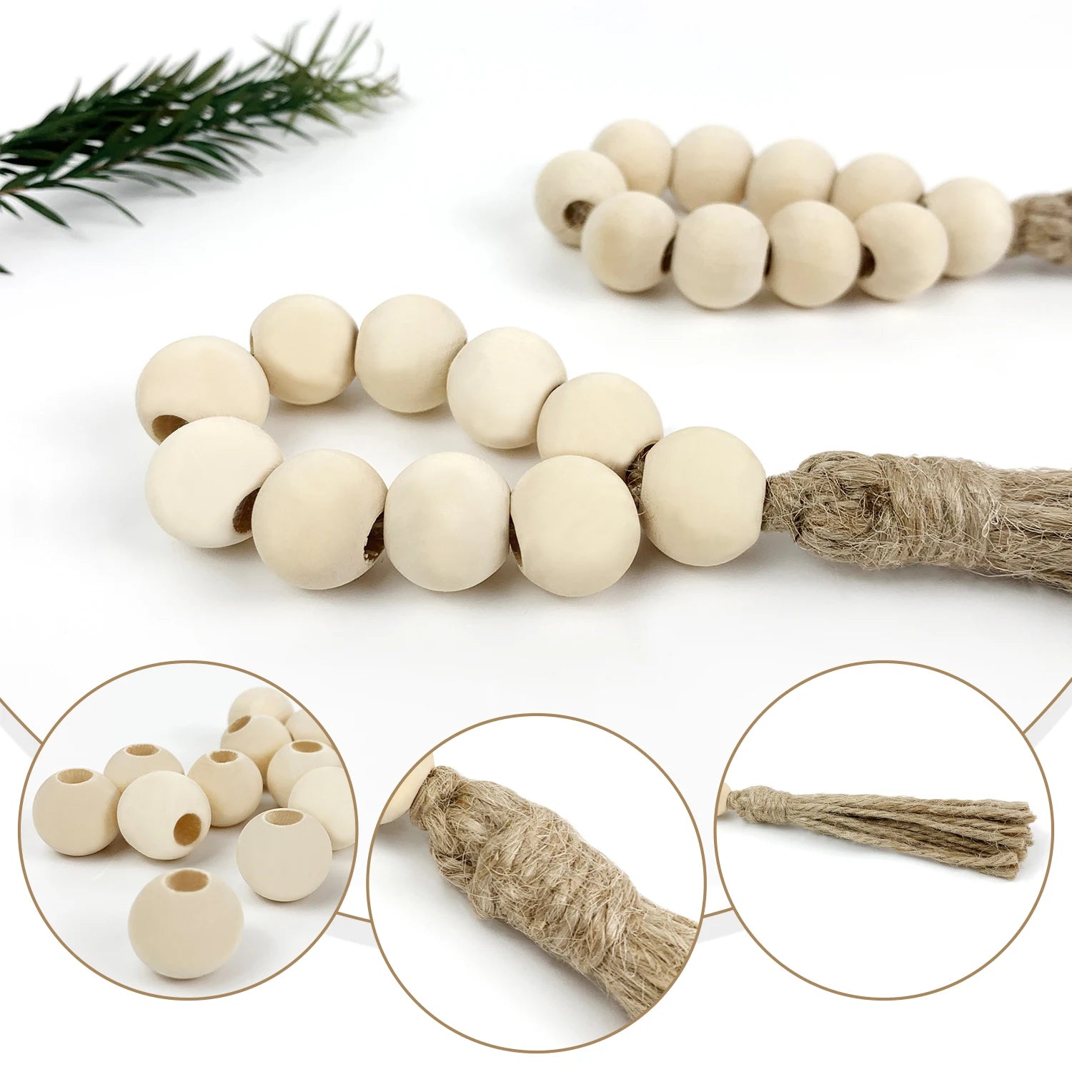 Perles de bois naturelles et corde de jute, idéales pour la décoration d'intérieur et la création de projets artisanaux.