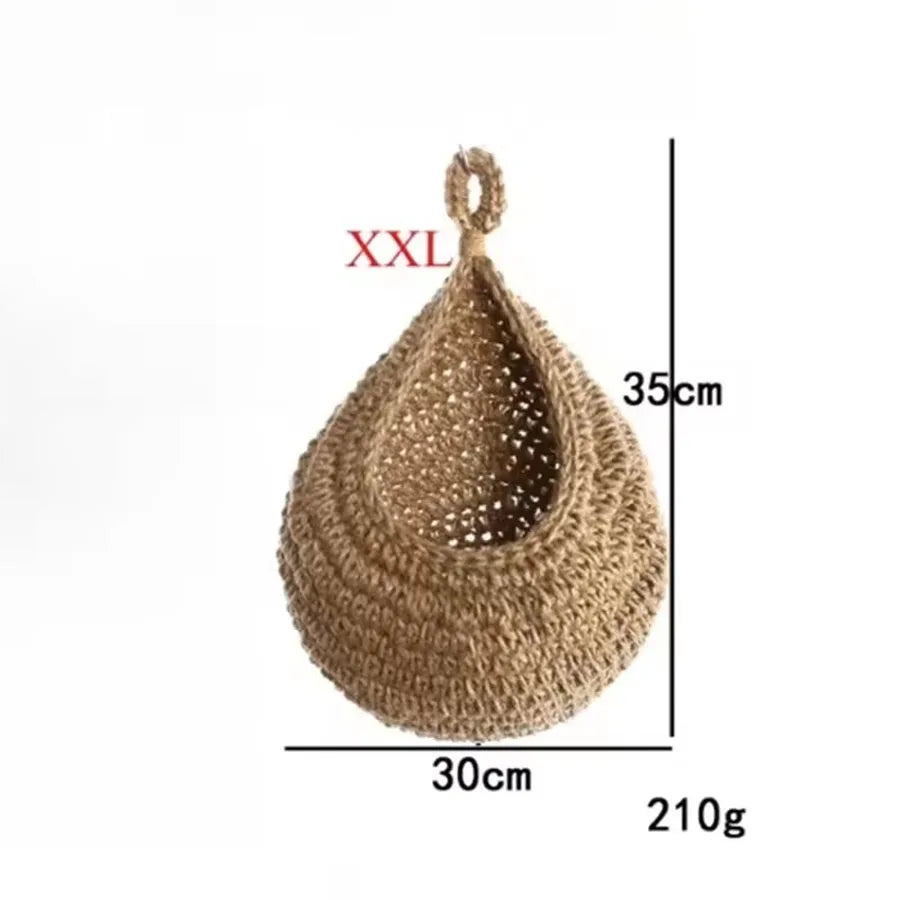 paniers suspendus tissu crocheté beiges rustiques respectueux environnement anneaux métalliques multifonctionnels rangement cuisine decoration