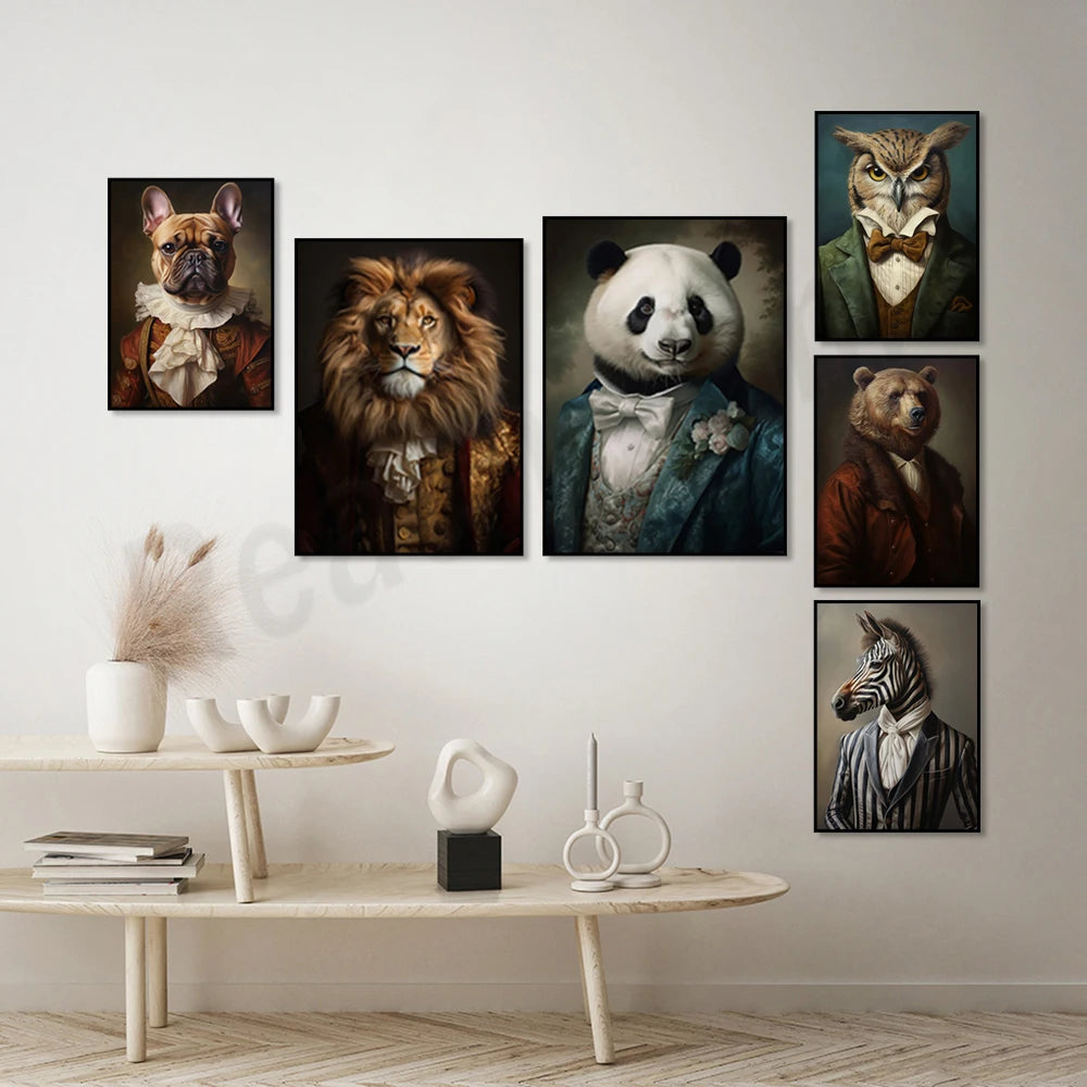 Cette collection d'illustrations de portraits d'animaux anthropomorphiques habillés en tenue de soirée crée une ambiance élégante et surréaliste dans cette pièce.
