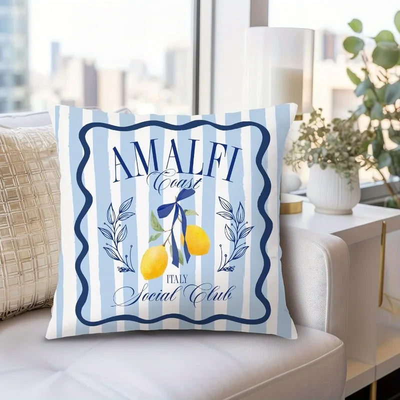coussin bleu clair motif floral vintage 45x45cm rayures horizontales citrons jaunes