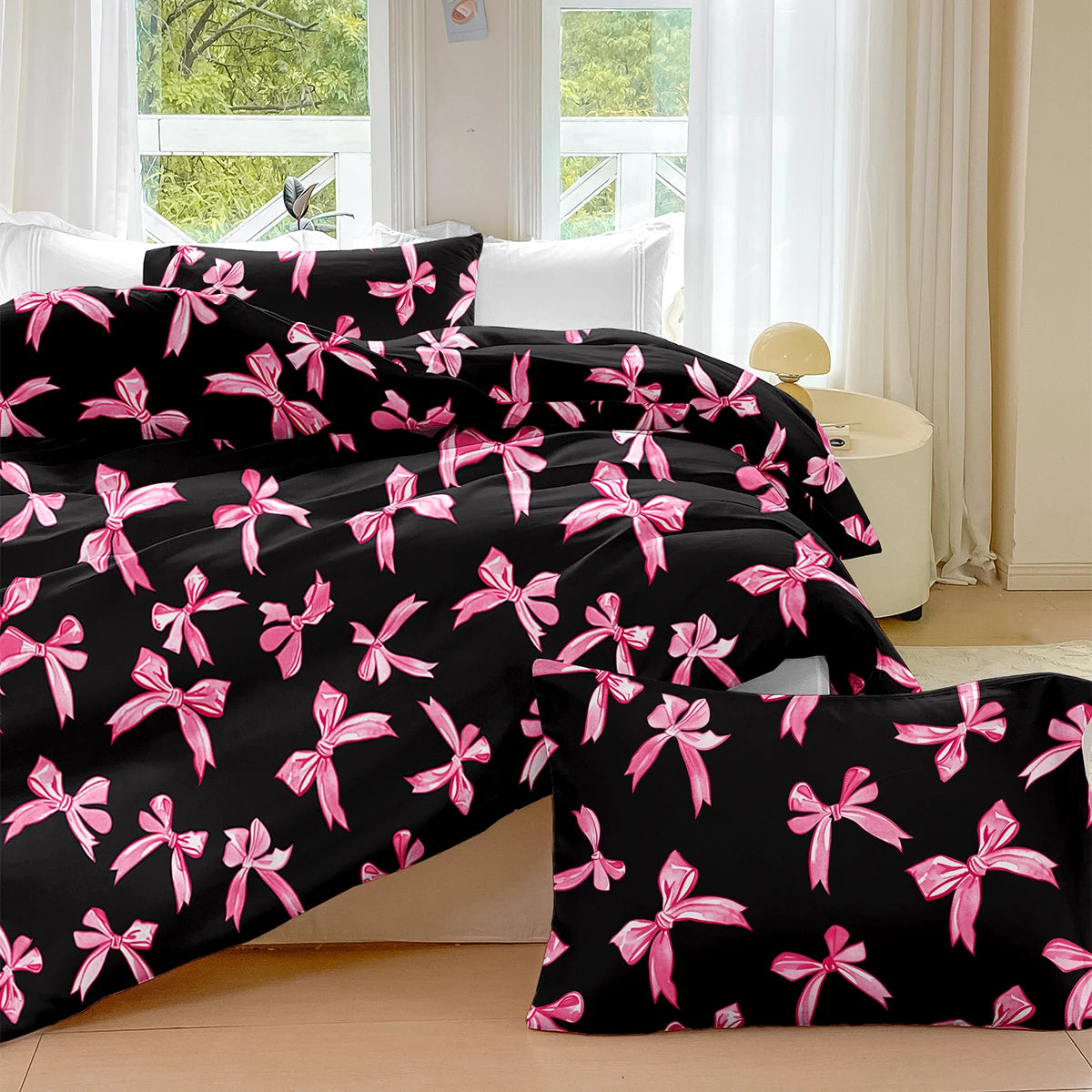 housse couette motif noeuds rose fond noir ensemble literie moderne deux taies oreillers polyester