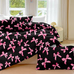 housse couette motif noeuds rose fond noir ensemble literie moderne deux taies oreillers polyester
