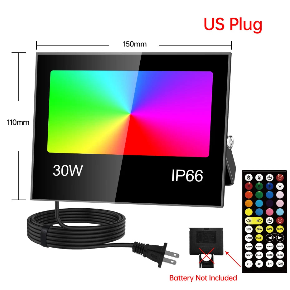 projecteur led rgb ip66 étanche extérieur télécommande réglage luminosité noir moderne