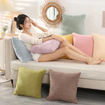 coussin peluche vert jaune rose gris clair texture bouclée moderne 60x60cm fixations
