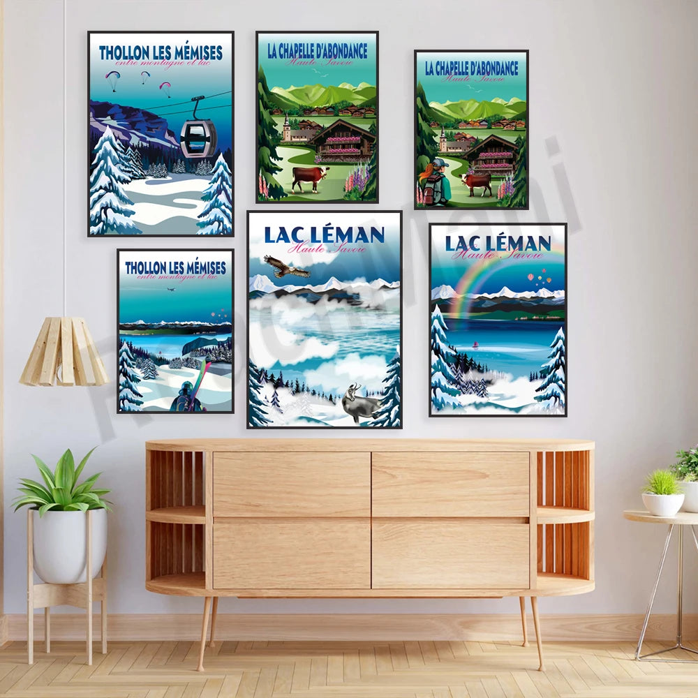 Une collection d'affiches vintage représentant des paysages de montagne enneigés et des activités de loisirs dans la région du Lac Léman en Suisse, avec des images évocatrices et des textes en français.