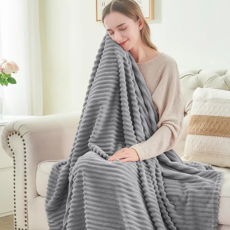 couverture coton polyester gris clair rayures horizontales douce confortable portable voyage