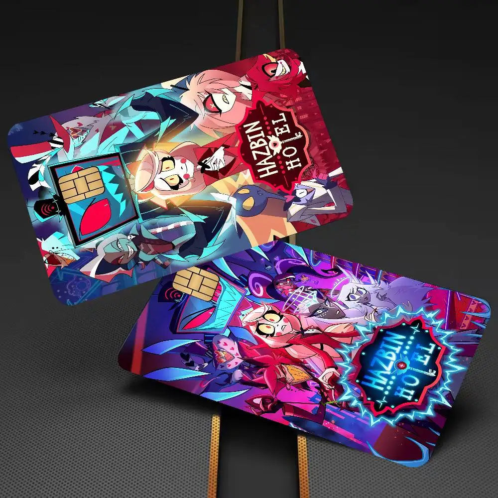 autocollant carte bancaire hazbin personnages dessin animé bleu violet rouge pop art