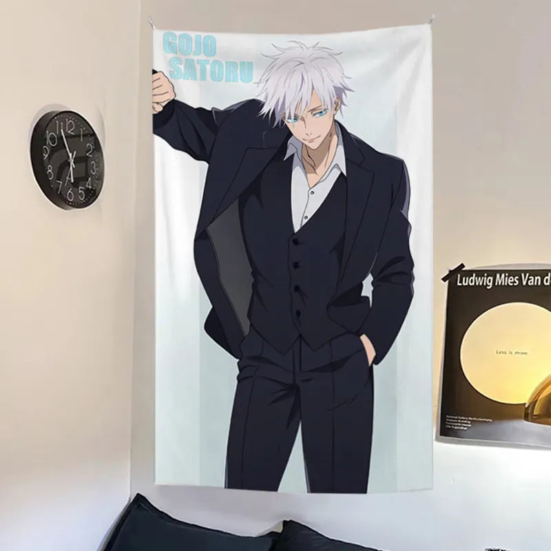 tapisserie murale anime gojo satoru décoration chambre salon tissu polyester blanc gris noir