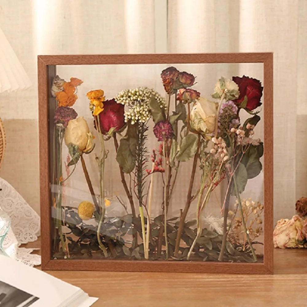 cadre fleurs séchées bois transparent bouquet display box storage décoration intérieure clips rustique naturel