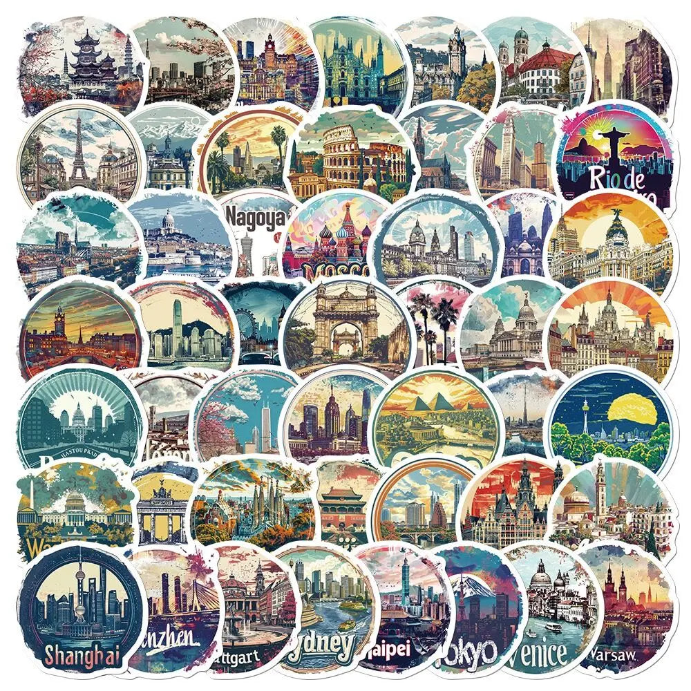 autocollants vintage multicolores monuments paysages animaux adhésifs bricolage téléphone bagages ordinateur portable planche roulettes