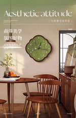 horloge murale moderne motif feuilles vert clair bois bambou salon étude quartz aiguille