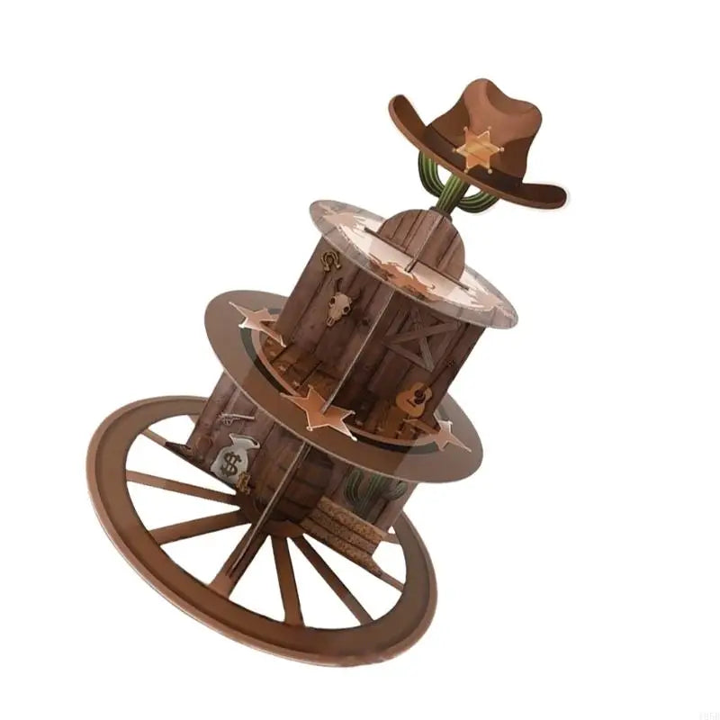 présentoir cupcakes western cow boy cactus étoile crâne chapeau bois roulettes anniversaire prénatale marron