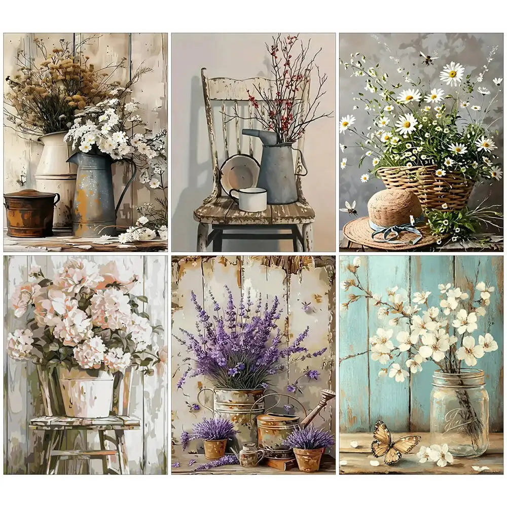 toile peinture fleurs chaise vase minimaliste débutants adultes crafts moderne decoration maison