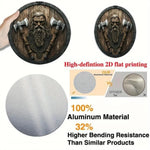 décoration murale ronde plaque métal motif viking hache bouclier marron gris noir texture bois