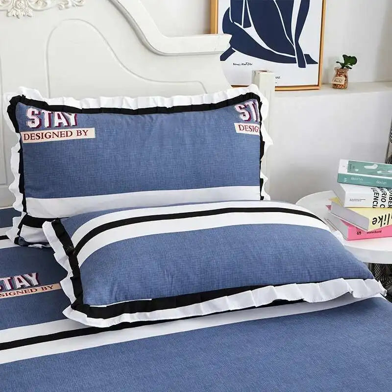 ensemble deux taies d'oreiller bleu fleurs blanches romantique lit double coton polyester
