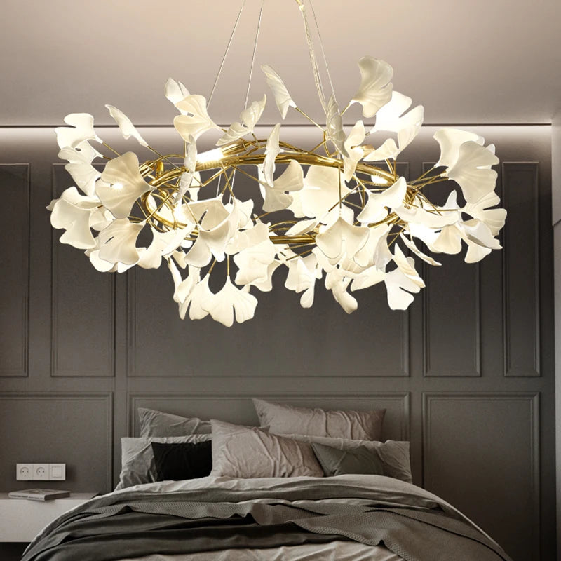 suspension lumineuse feuilles stylisées blanc doré contemporain opacité eyelets chambre salon