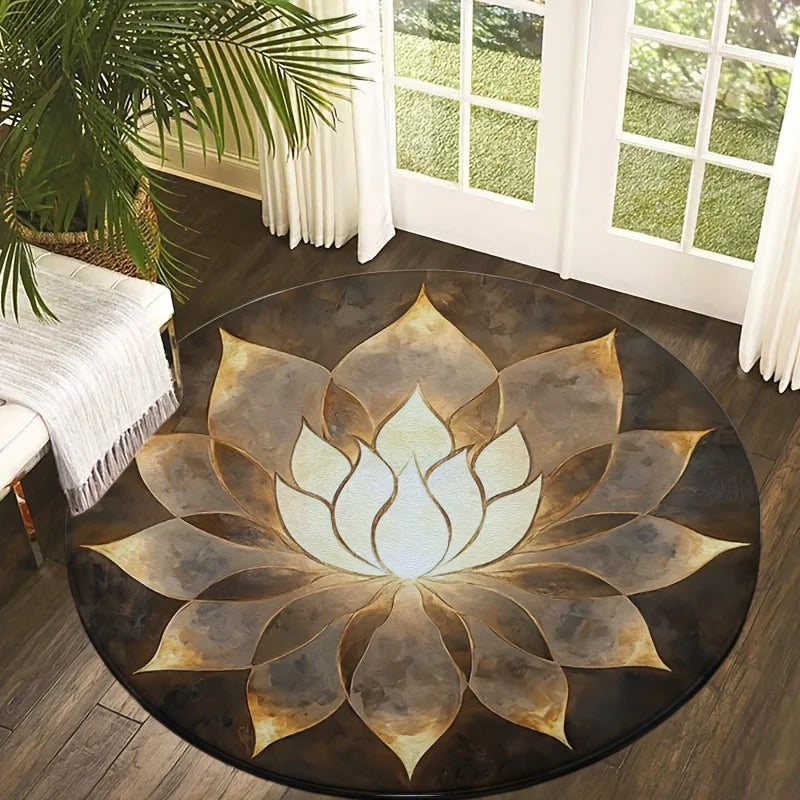 tapis rond fleur lotus moderne noir doré résistant antidérapant intérieur extérieur salon chambre