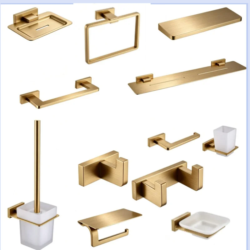 accessoires salle bain moderne porte savon porte gobelet porte serviettes doré métal brossé fixations