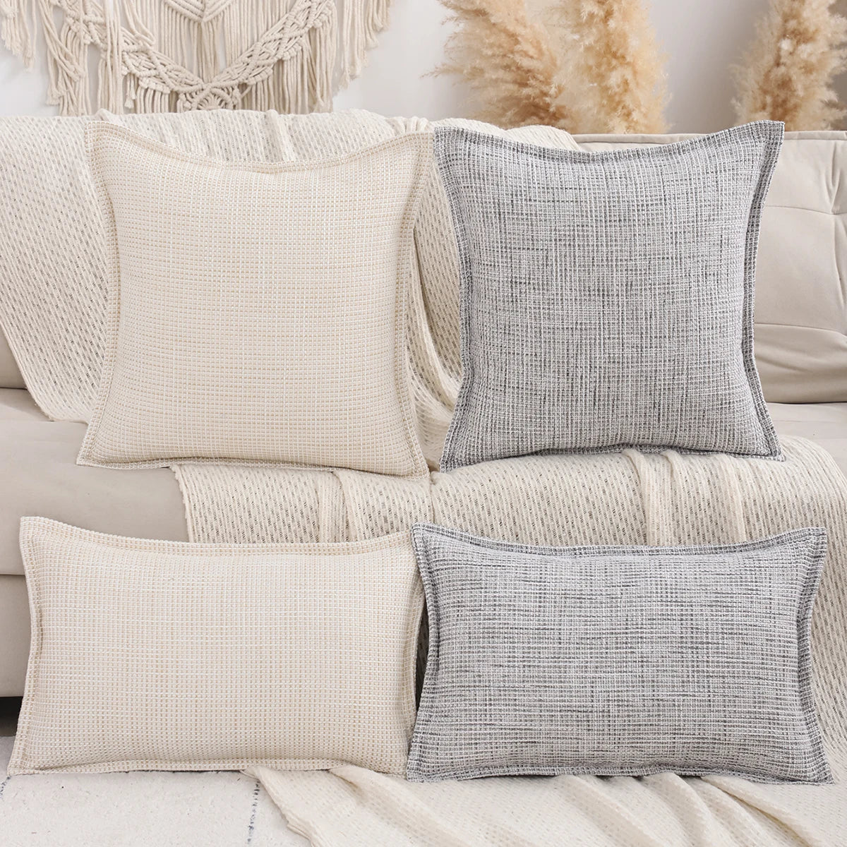 housse coussin moderne polyester beige gris motif tissé adhésif decoration maison salon voiture