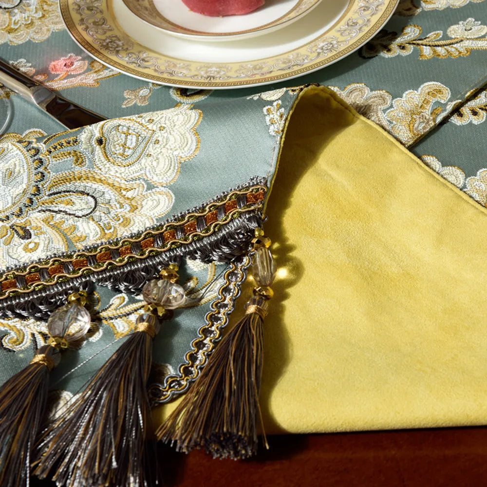 chemin table vert brodé élégant maison scénique polyester coton ornemental serviettes assiettes couverts vin