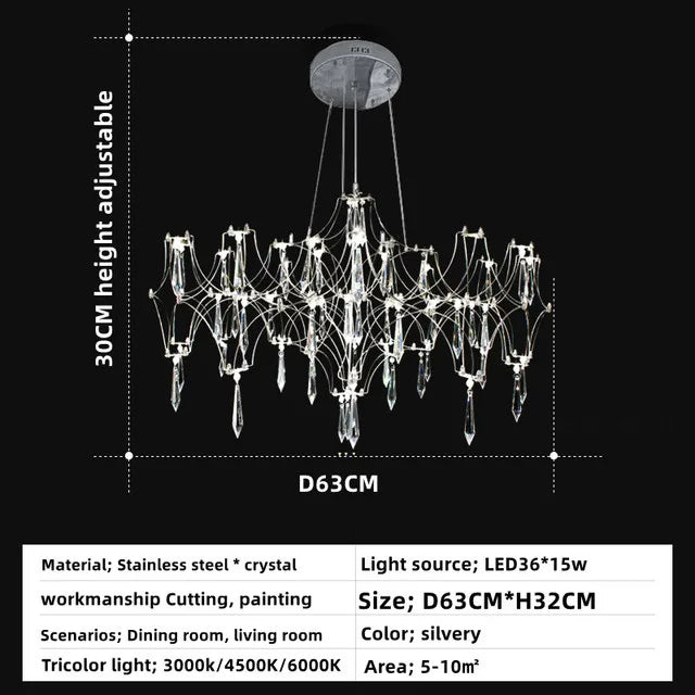 lustre moderne or cristaux transparents branches stylisées salon chambre principale
