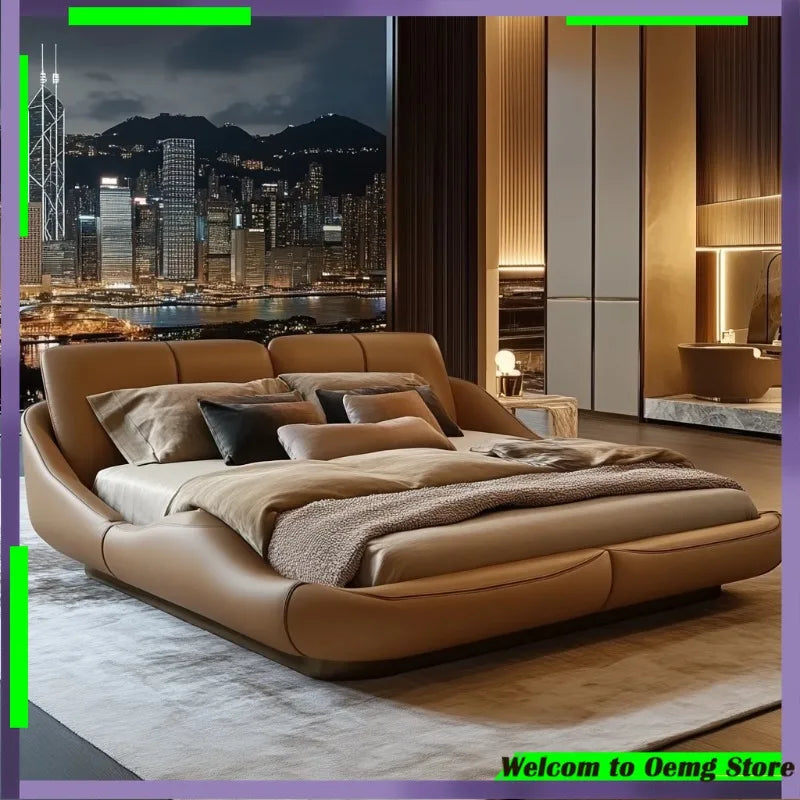 lit moderne bois couverture texturée beige noir gris master bedroom