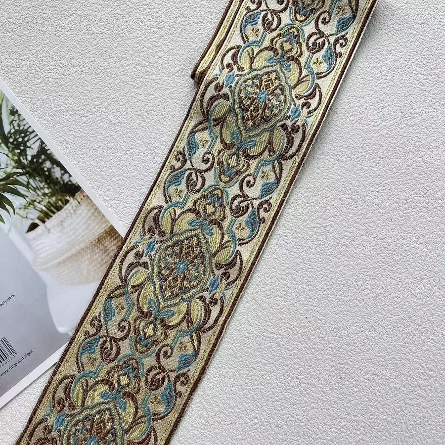 ruban decoratif polyester fleur classique marron bleu doré noir unique largeur 10cm opaque