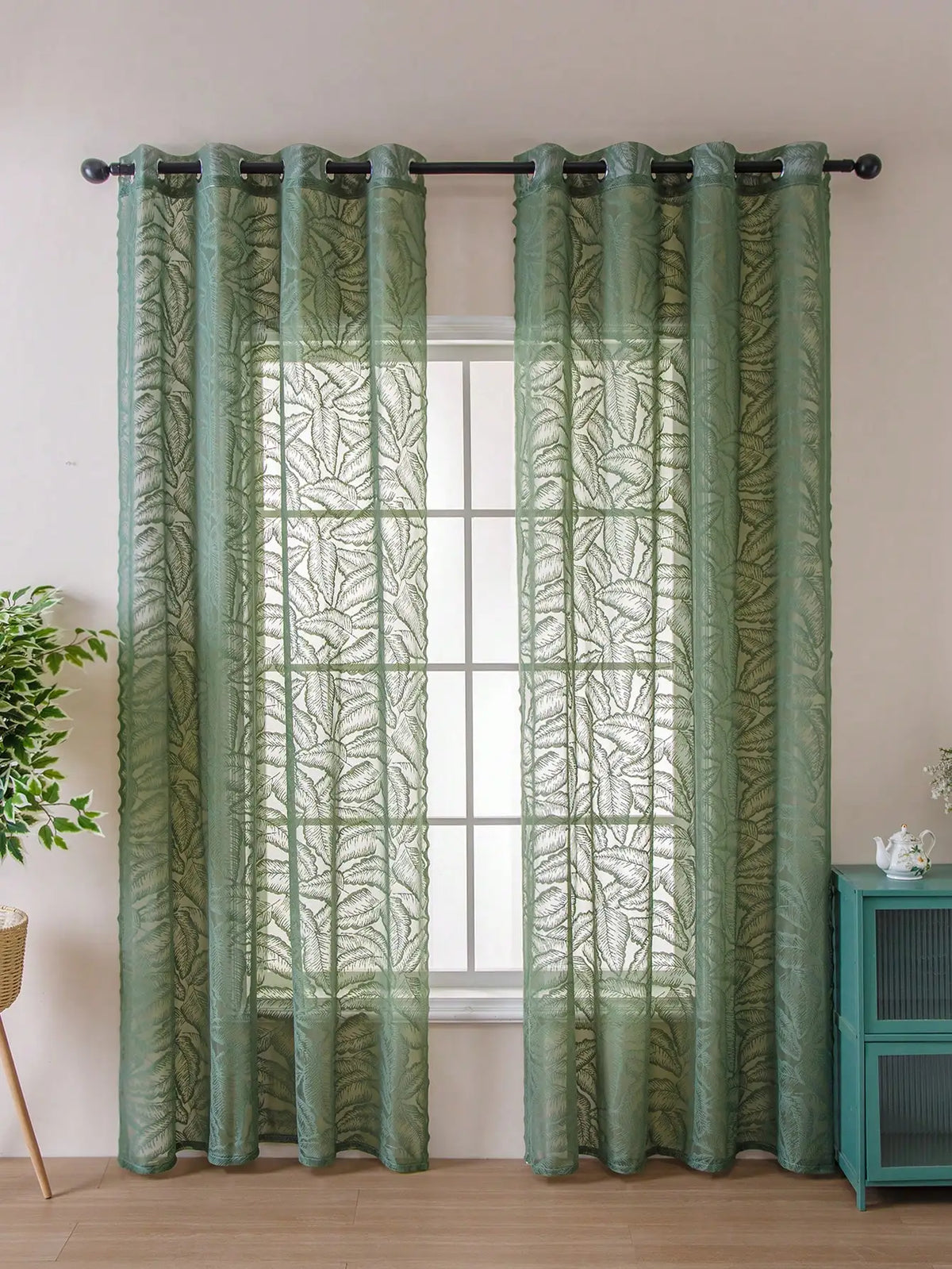 rideau vert feuilles moderne semi transparent salon pastorale polyester
